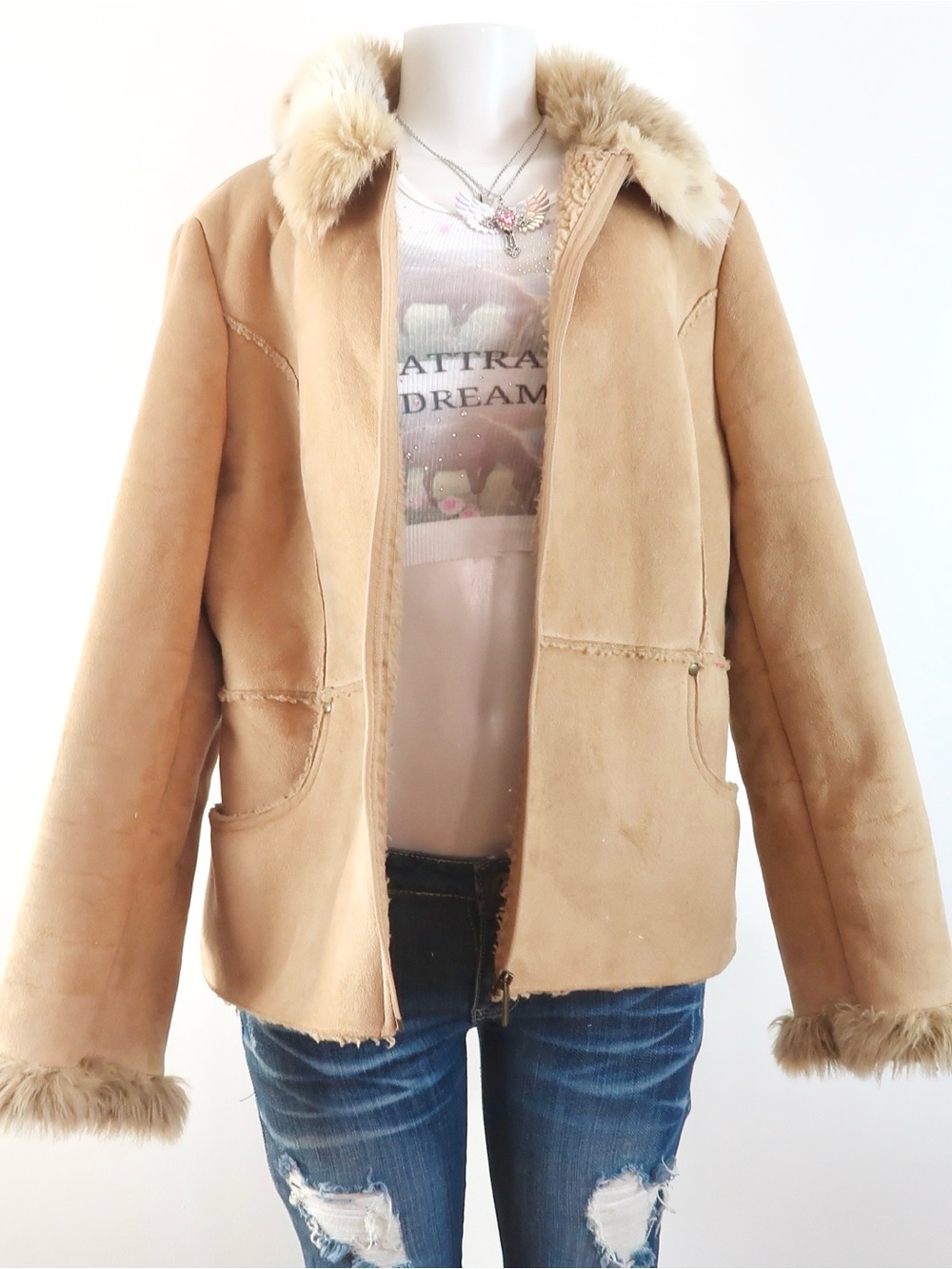 Y2k Tan faux Shearling Jacket with Fur Trim